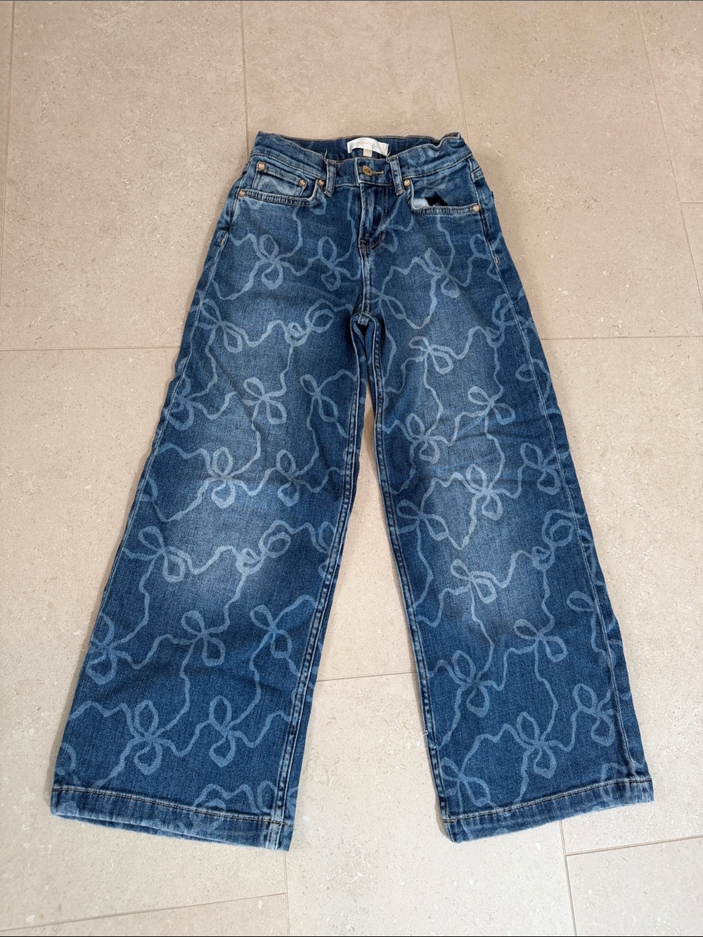 LoveShackFancy Ambrina Wide-Leg Jeans with Light Blue Bow